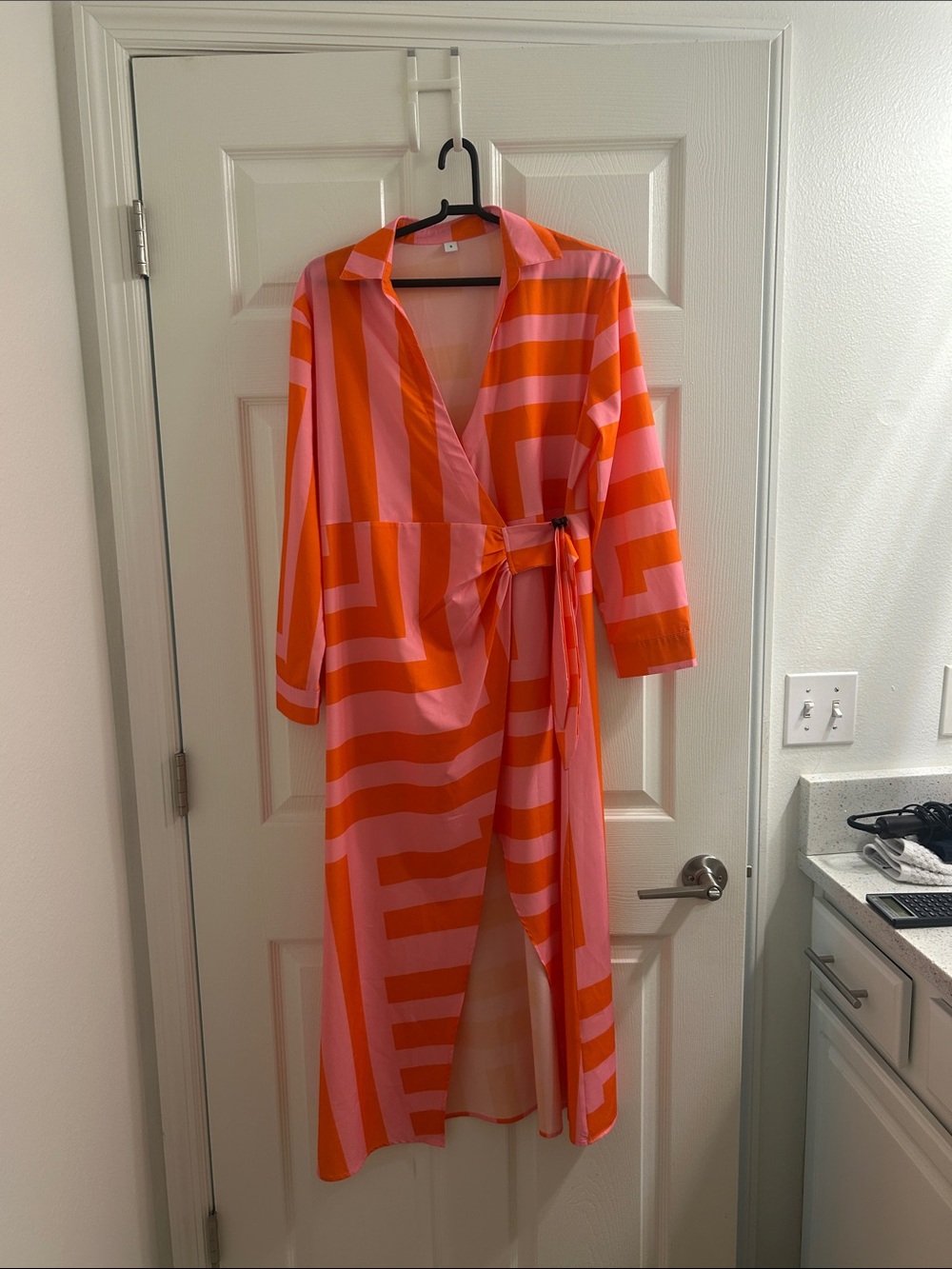 Bold Pink and Orange Striped Wrap Dress